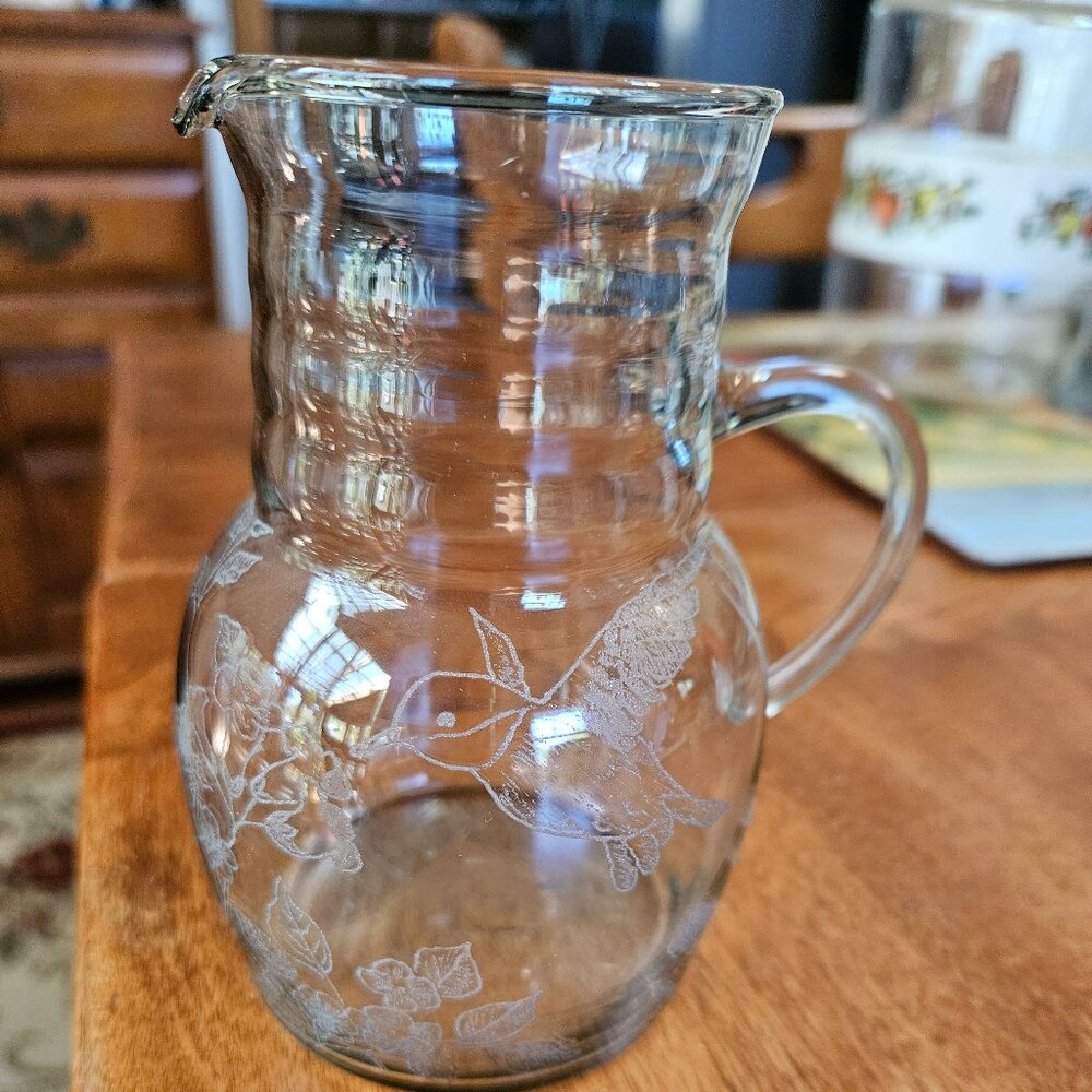beautiful etched glass hummingbird pitcher signed by artist